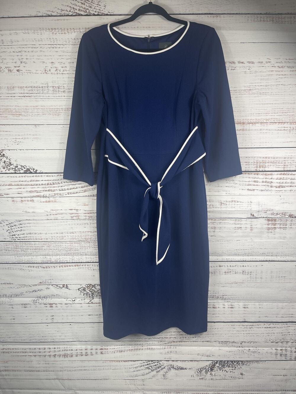 Adrianna Papell Dress Women's 12 Blue Tie Waist Sheath 3/4 Sleeve Work Office